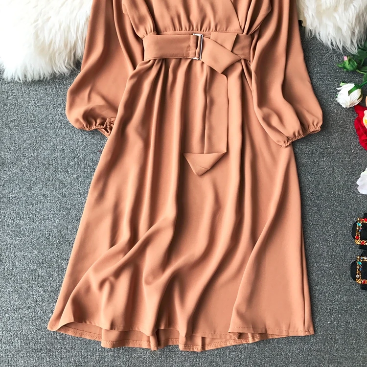 ALPHALMODA осеннее офисное женское платье с длинными рукавами и поясом, новое повседневное шифоновое платье с высокой талией и v-образным вырезом, однотонное женское платье до середины икры