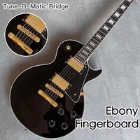 custom shop black color electric guitar high quality pickups tune o matic bridge ebony fingerboard mahogany body