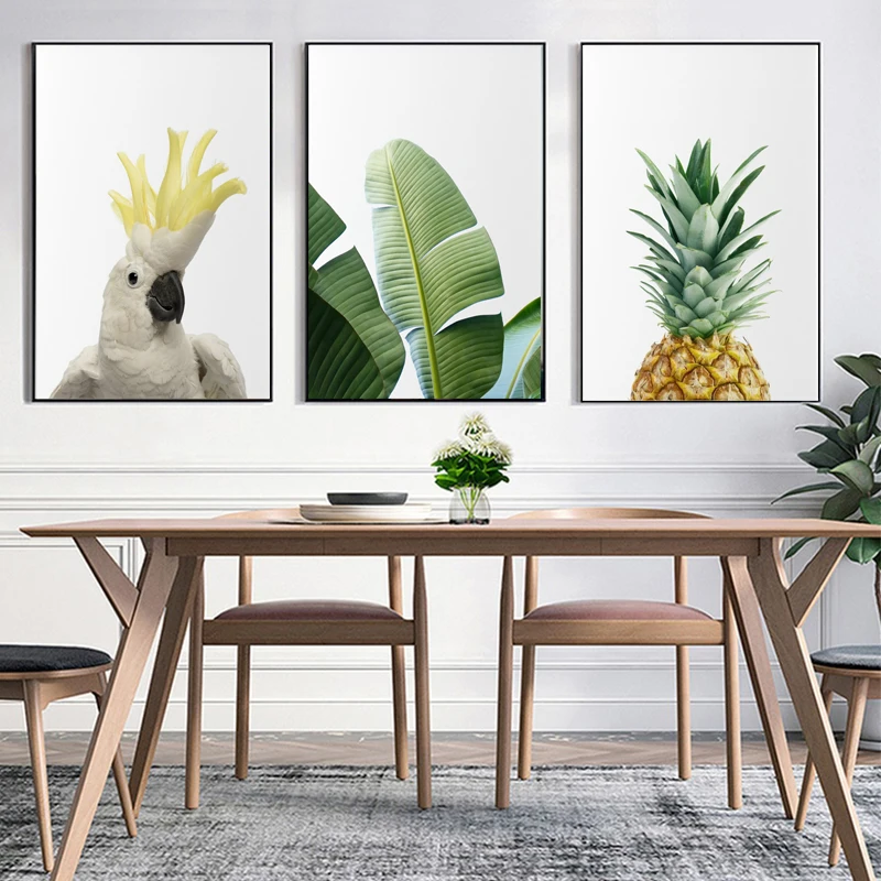 

Tropical Wall Art Canvas Banana Leaf Painting Pineapple Posters Bird Prints Yellow Pictures for Living Room Kitchen Decor Framed