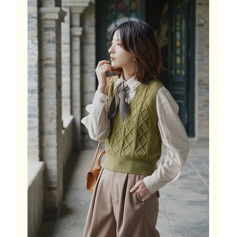 

Свитер-безрукавка Женский трикотажный простой в японском ретро-стиле с V-образным вырезом