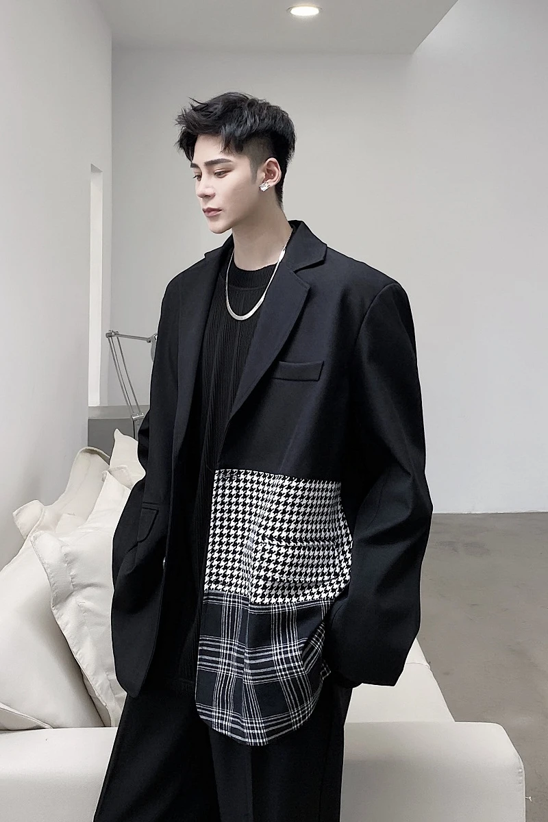 

New Male Japan Korea Streetwear Vintage Suit Coat Outerwear Men Plaid Splice Retro Casual Loose Suit Blazers Jacket