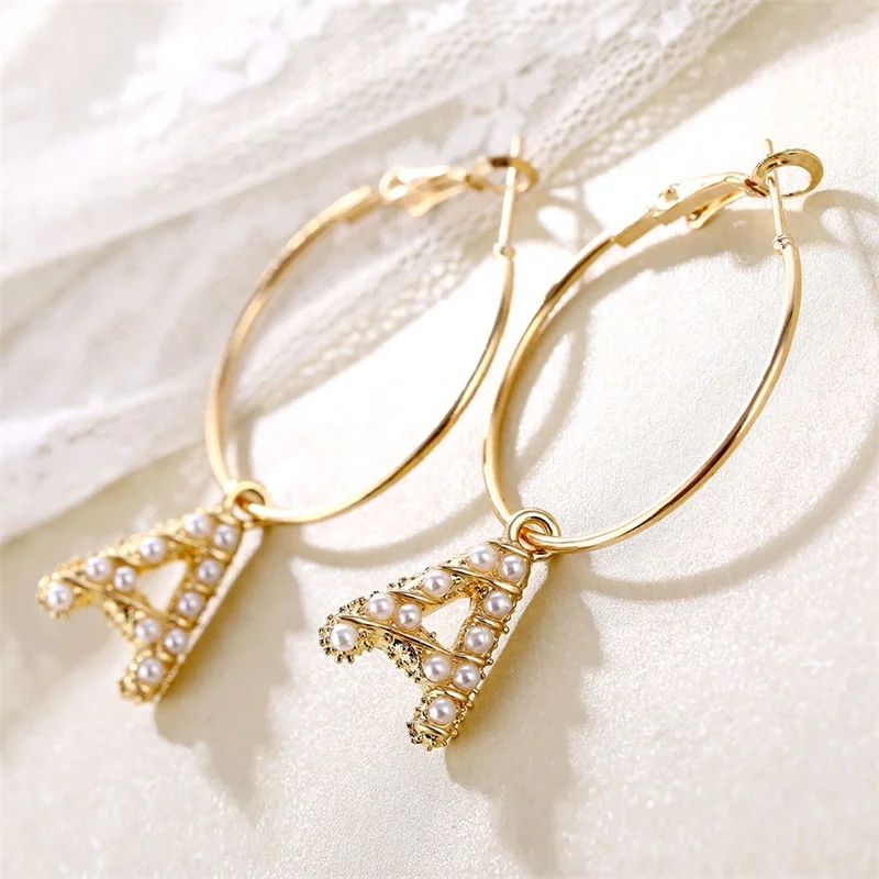 Модные жемчужные серьги кольца FNIO с буквами инициала Золотые круглые алфавитные