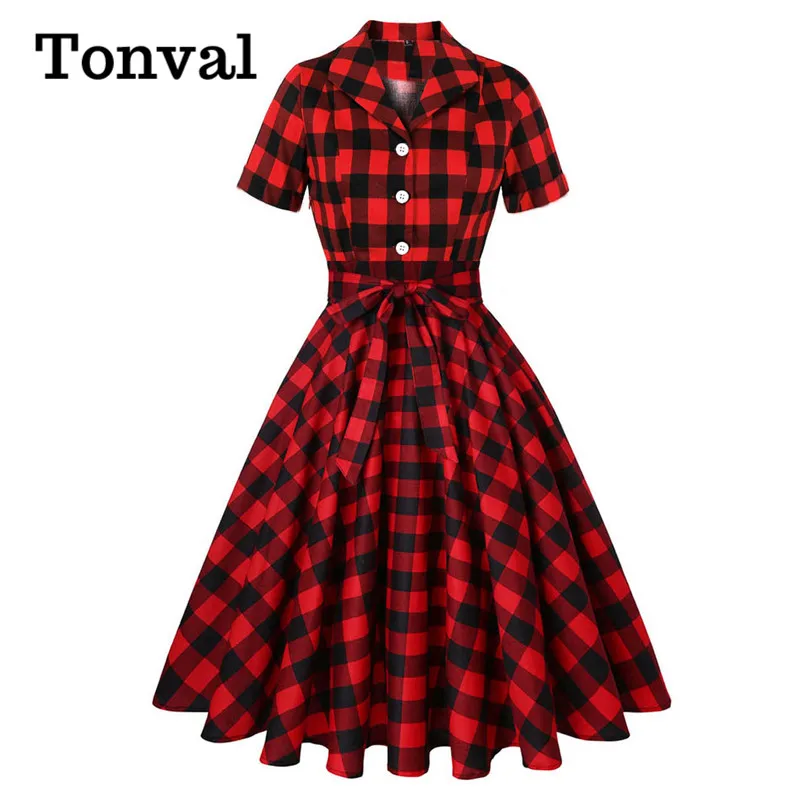 Tonval kırmızı ve siyah ekose Vintage düğme Up pamuklu elbiseler kadınlar için 2021 kısa kollu kuşaklı bir çizgi Rockabilly elbise