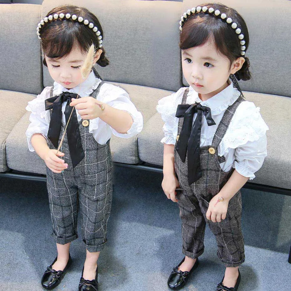 Baby Clothes Lace White Shirt + Jumpsuit 2 Pcs Girls Outfits Plaid Overalls Spring Autumn Formal Suit For | Детская одежда и обувь