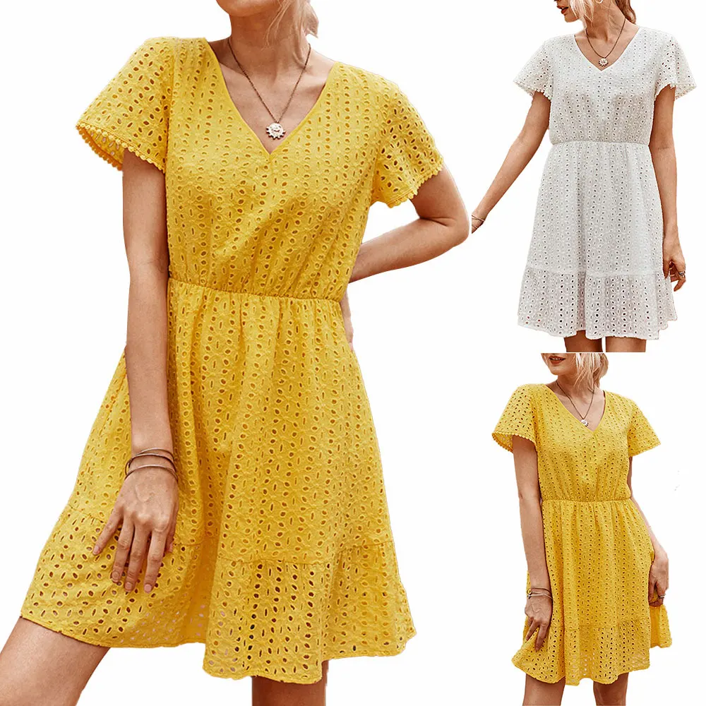 

Womens Summer V Neck Midi Dress V-Neck Ladies Short Sleeve Holiday Party Solid Color Sundress Plus Size