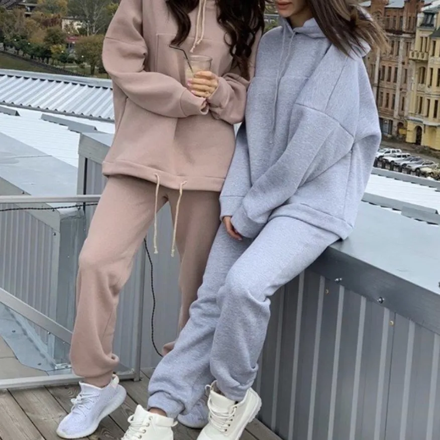 

Plus size oversized hoodie+sweatpants sweat suits women matching sets Autumn winter solid black jogging suits for women