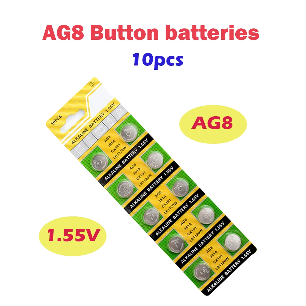 

Hot Sale AG8 10PCS 45mAh Alkaline Button Battery 1.55V 391 LR1120 SR1120 191 LR1120W LR55 CX191 Coin Cell For Watch Toy Control