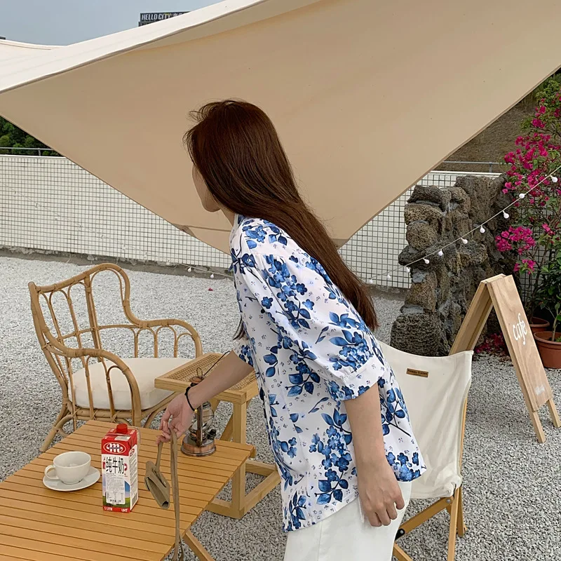 

Houthion Chiffon Loose Women's Blouses New Casual Blouse Fashion Short Sleeve Top Floral V-neck Shirt Summer Lady Blusas