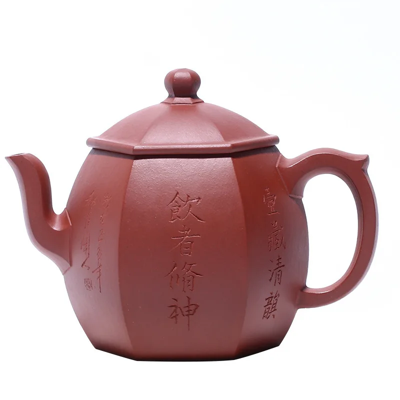 

Dark-red Enameled Pottery Teapot Raw Ore Bottom Groove Clear Six Square Well Fence Tea Set Gift Teapot