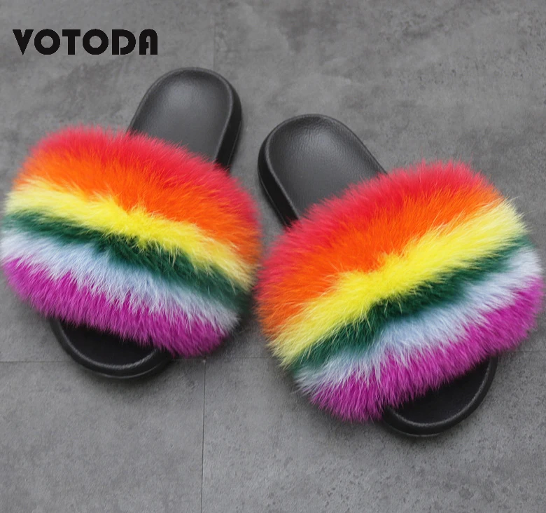 mixed color l Модные женские шлепанцы с пушистым лисьим мехом; сандалии с мехом енота; Вьетнамки с мехом; домашние тапочки на плоской подошве; Женская потрясающая пушистая обувь - Цвет: mixed color l