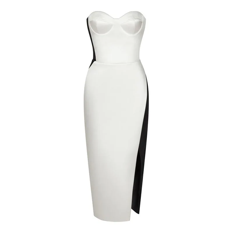 

Spring and summer new bla and white sexy split elastic slim bandage dress off shoulder bra slim long dress evening dress