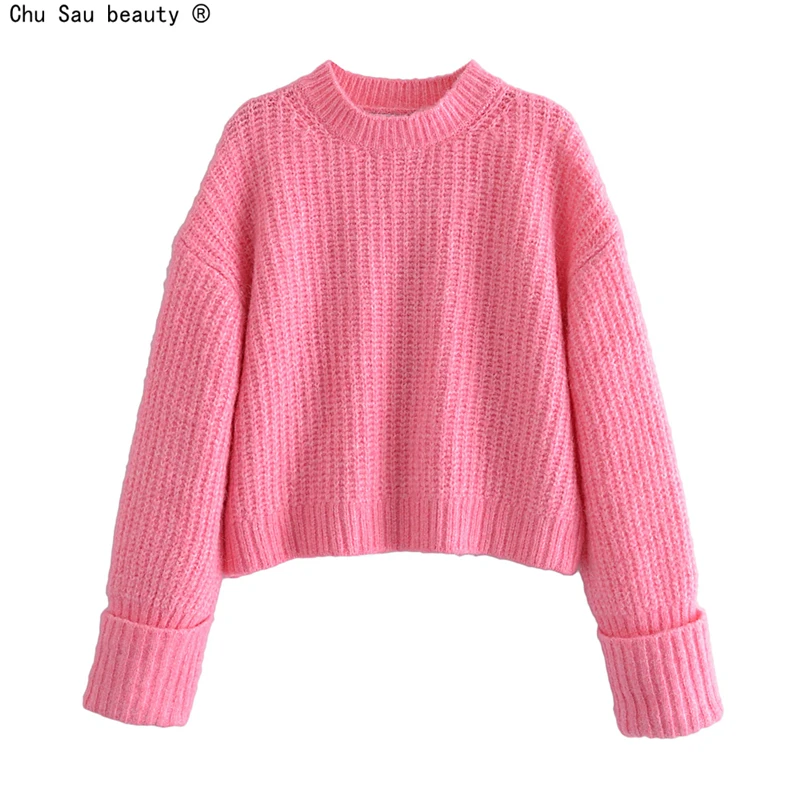 

Pullover Women's Autumn 2021 Fashion Sweet Casual O-Neck Short Sweater Female Korean Top Pink Loose Sweater Solid Color