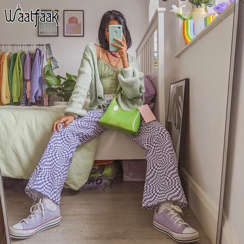 

Waatfaak Purple Summer Loose Plaid Pants Women Pockets Patchwork Vintage Mom Jeans Baggy High Waist Wide Leg Streetwear Y2K 2021