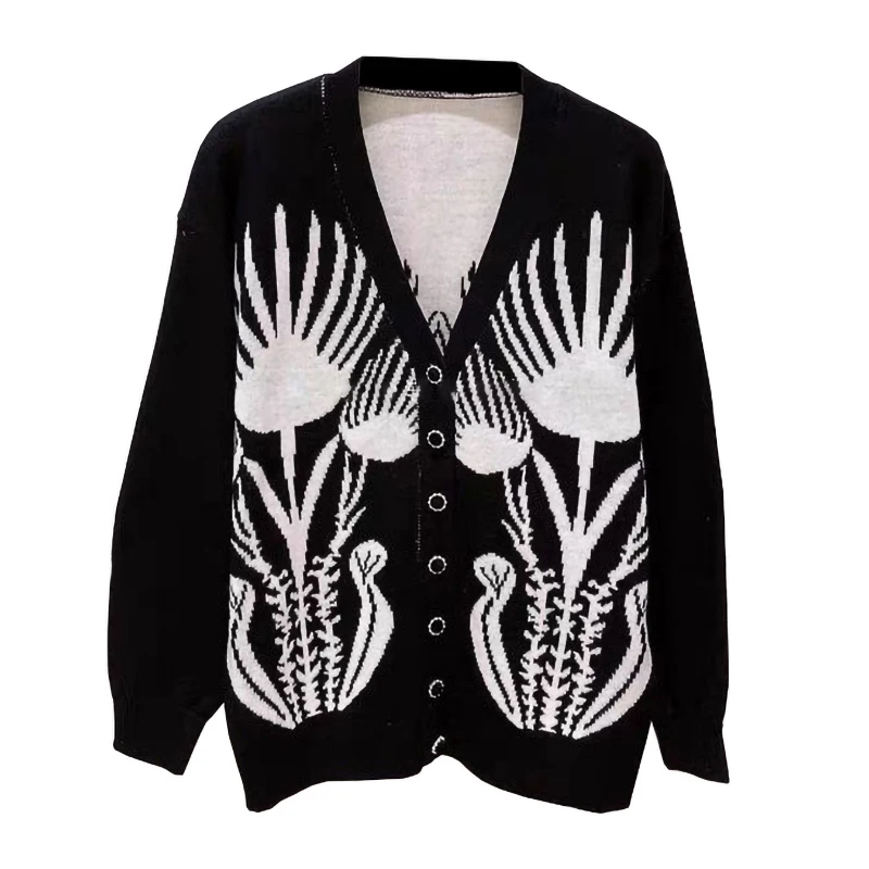 

Harajuku Spring Autumn Women Sweater Knitted Cardigan Jacquard V-Neck Jacket Coats Oversized Loose Outerwear Casual Sweaters