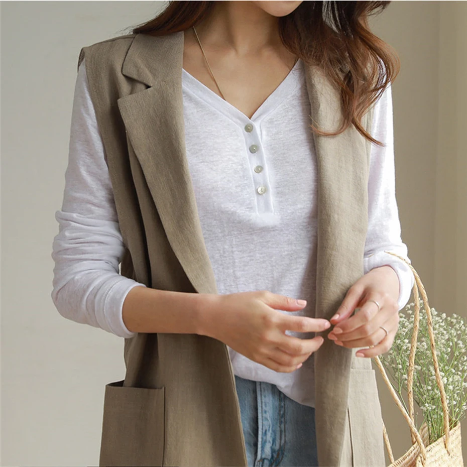 

M-2XL Single-breasted Loose Simple Vest Jacket White 2020 Autumn Spring Sleeveless Suit Waistcoat Linen Long Coat Female QEN009