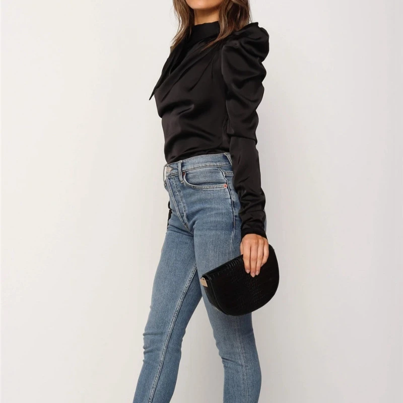 Женские атласные блузки с бантом длинным рукавом пышными рукавами рубашка