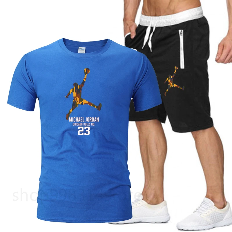 

2021 Summer Men's T-shirt Casual Set 2-piece Men's Sportswear Suit Basketball Sports Fitness Printed Short Sleeve + Men's Suit