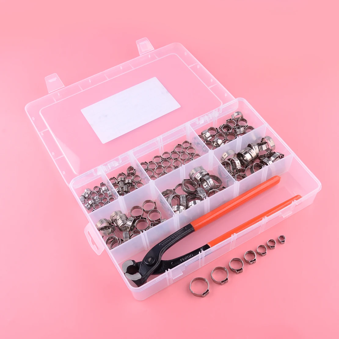 

304 Stainless Steel 140pcs 7-size Single Ear Hose Clamps Cinch Rings Crimp + Crimping Tool Kit
