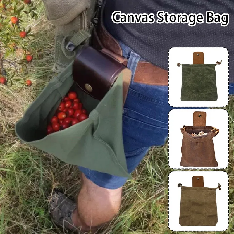 

Leather Waxed Canvas Pouch Garden Tools Bag for Fruit Picking with Drawstring Waterproof Outdoor Hiking Camping Storage Bag