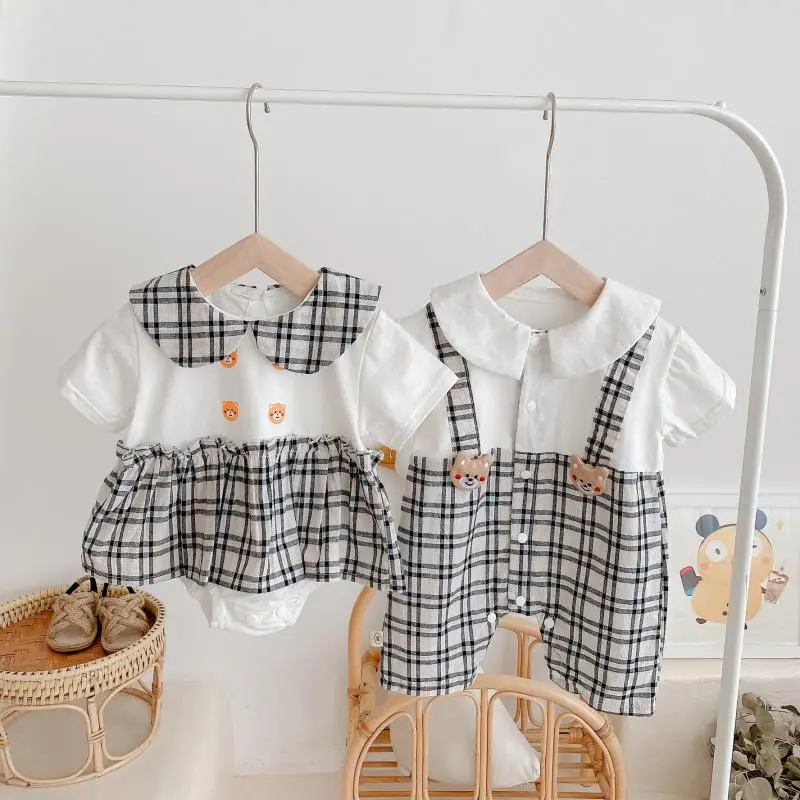 2022 Summer New Baby Short Sleeve Clothes Cute Plaid Print Bodysuit For Girls And Boys Jumpsuit Bear Cotton Twins Clothing