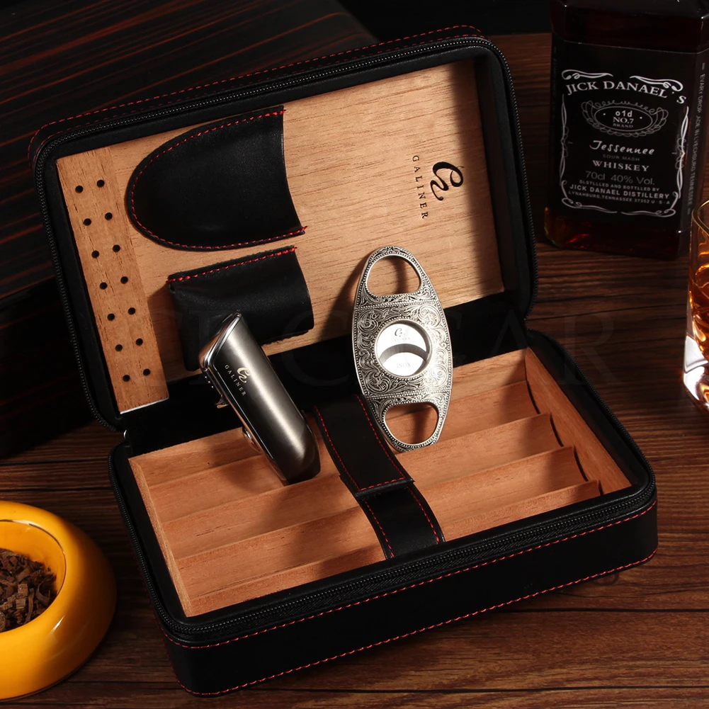 

GALINER Cigars Travel Humidor Box Leather Cigar Case Humidor 3 Jet Flame Cigar Lighter Gas Metal Cigars Cutter W/ Humidifier