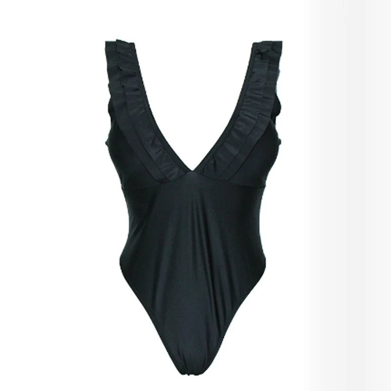 Черный купальный костюм женский цельный купальник бикини с открытыми плечами и