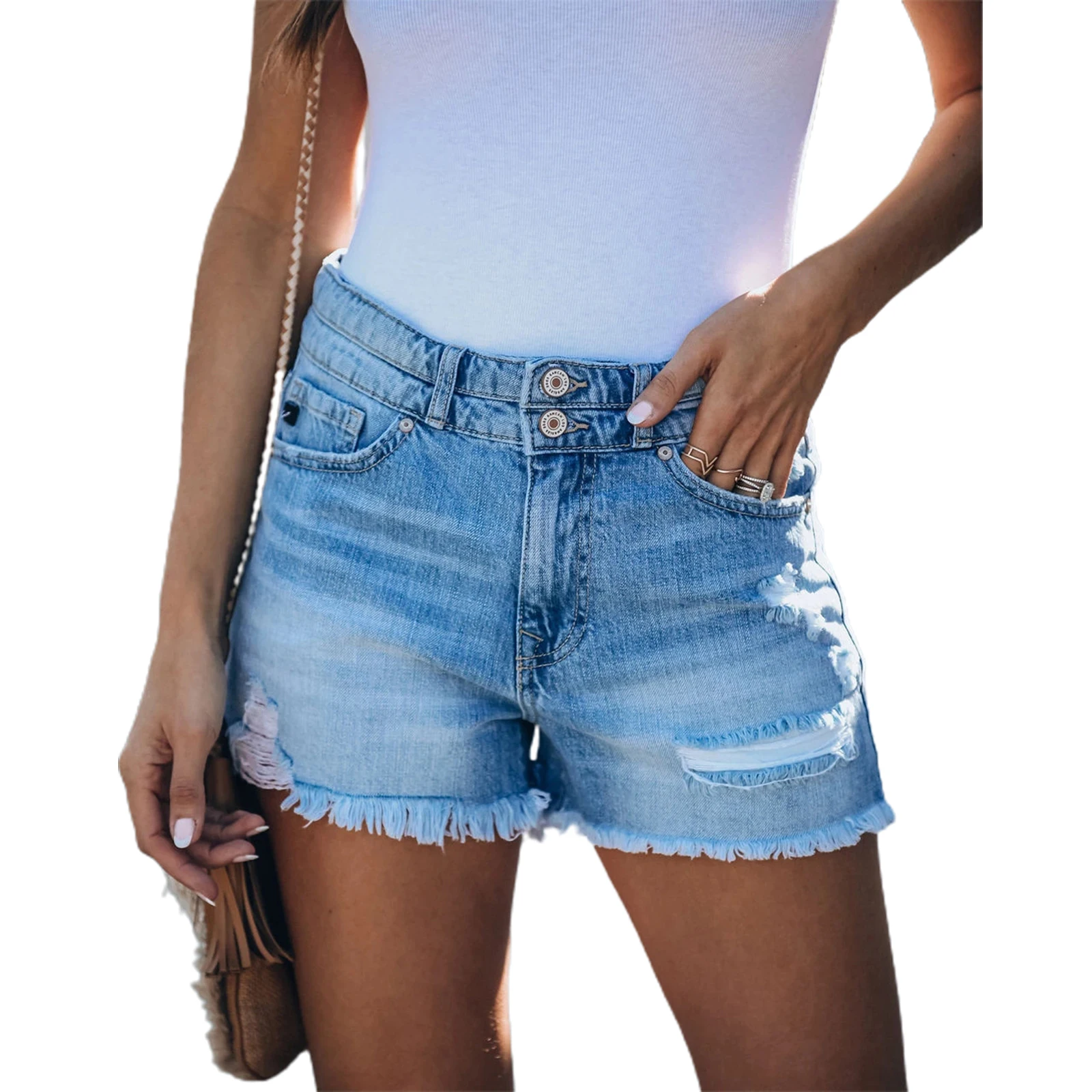 Women Denim Shorts Casual High Rise Frayed Raw Hem Distressed Stretch Short Jeans