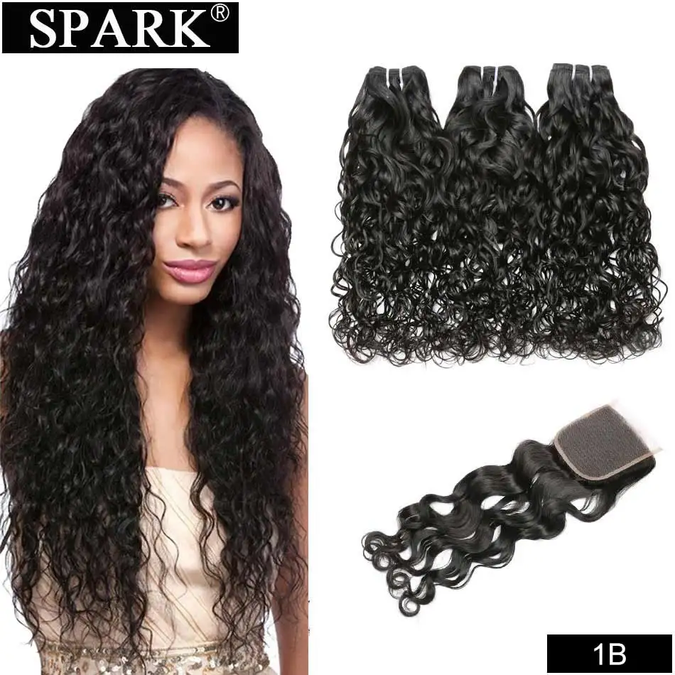 1B Spark Hair Ombre бразильские волнистые пряди с закрытием человеческие волосы с закрытием Remy человеческие волосы для наращивания средний коэффициент - Цвет: 1B
