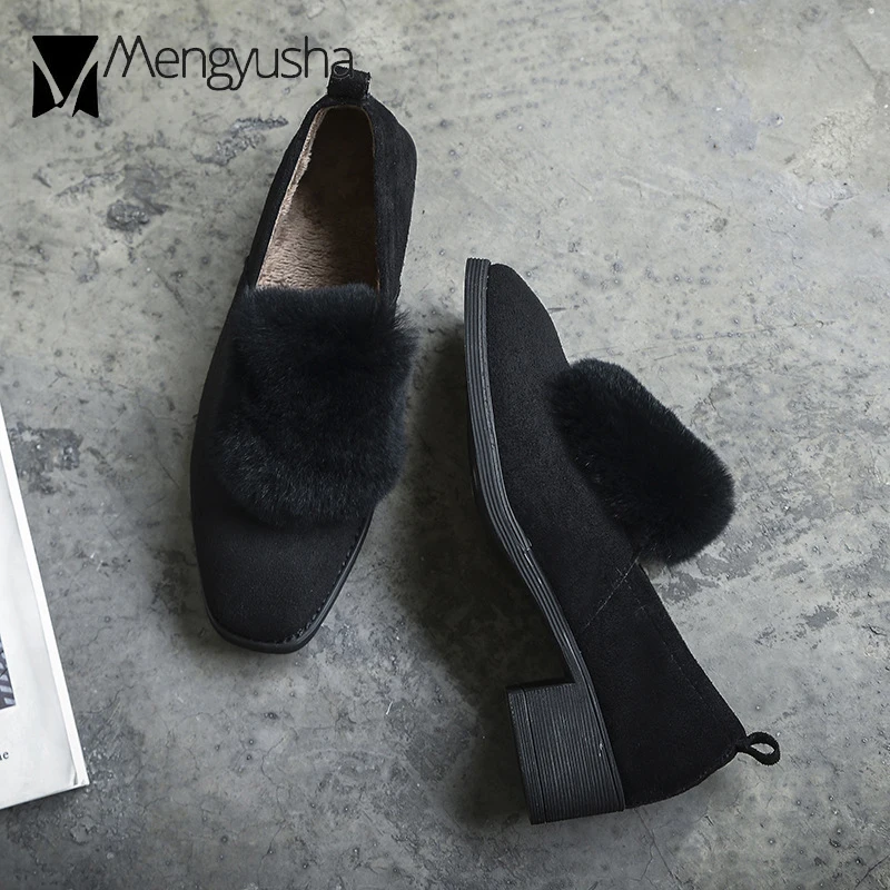 Зимние Туфли-оксфорды с кроличьим мехом женские туфли на плоской подошве Меховые