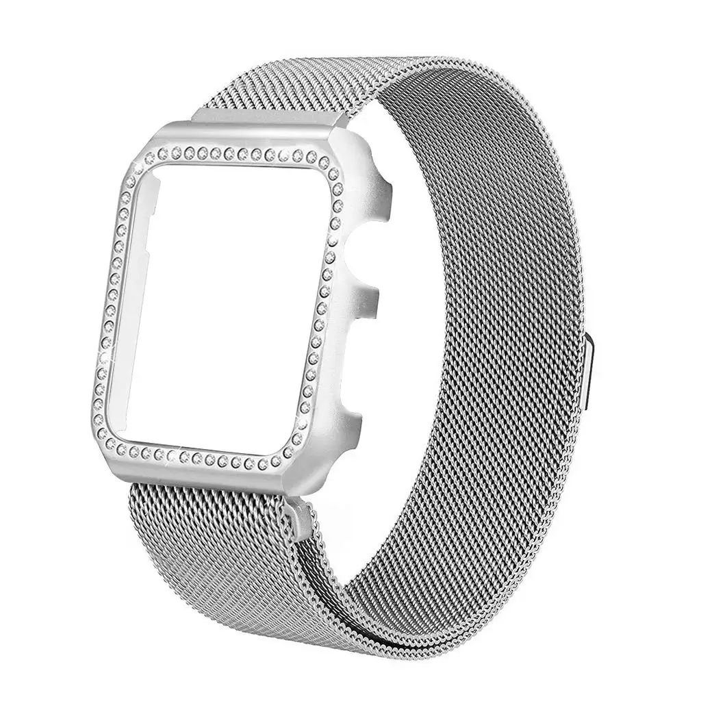 silver Миланская петля+ Алмазный чехол для Apple Watch 42 мм 38 мм браслет из нержавеющей стали ремешок для iWatch 40 мм 44 мм серия 5 4 1 2 3 - Цвет ремешка: silver