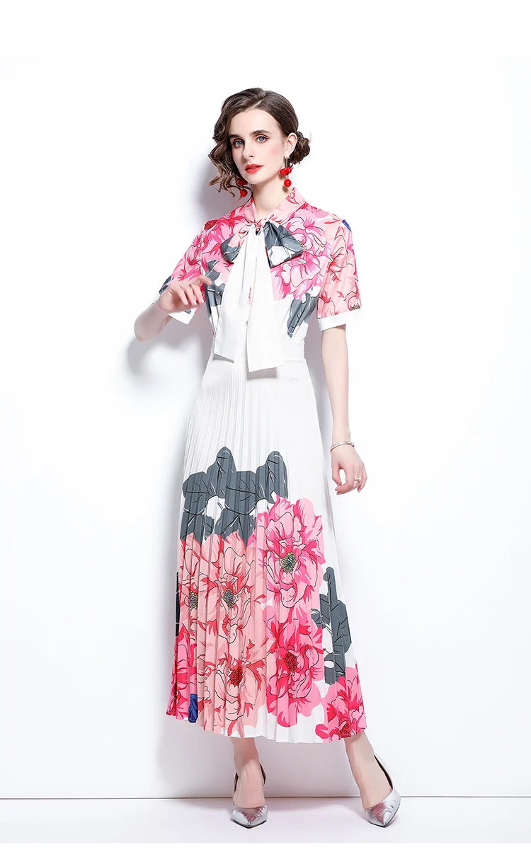 

Chiffon Women's Dress PrintCasual Party Girl's Polo Dresses High Waist Ankle-Length Short Sleeve Fashion Lady Clothing Houthion