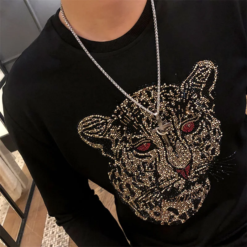 

Autumn and winter new European and American fashion domineering hot drilling leopard designer men's sweatshirt+trousers slim 2-p