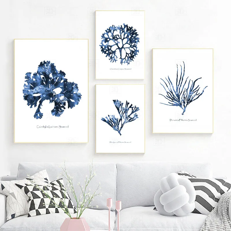 

Hamptons Wall Art Prints Sea Coral Posters Coastal Beach Nautical Art Canvas Painting Watercolor Blue Pictures Home Wall Decor