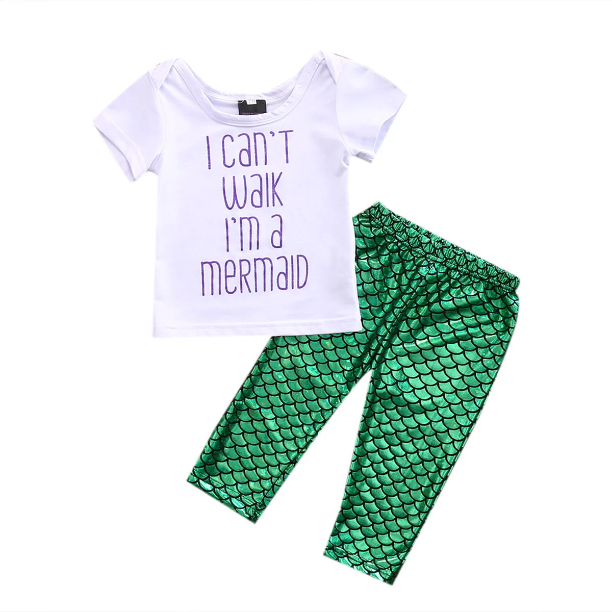 3Pcs Todderl Girl I Can't Wakl I'm a mermaid Letters short sleeve Tee Mermaid Pant + Headband Set For Baby Clothes Outfits | Детская