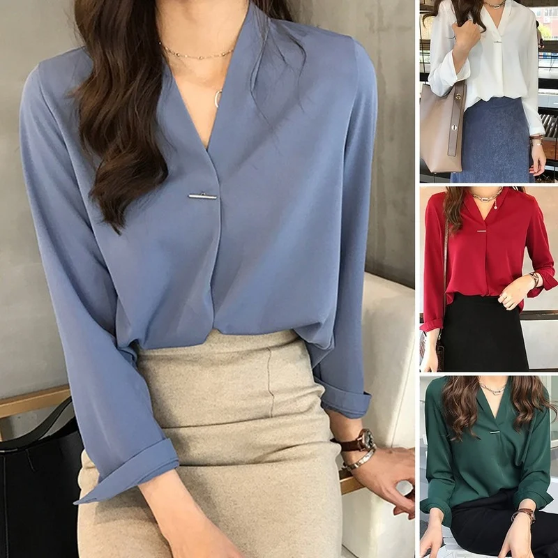 

Женская блузка с V-образным вырезом, на пуговицах