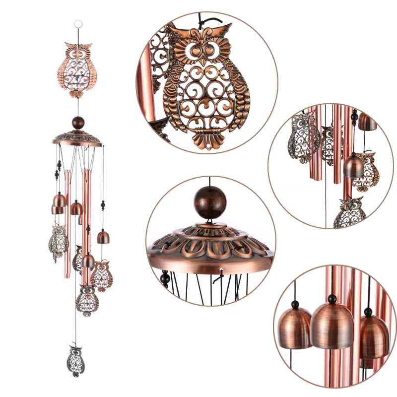 

90cm Metal Owl Wind Chime Electroplated Brass Metal Pipe Bells Wind Chimes Home Ornament for Balcony Garden Room Hanging Crafts