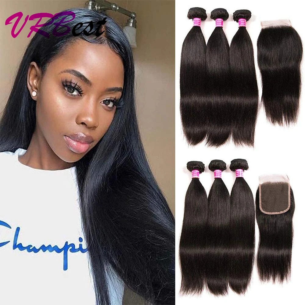 

VRBest Peruvian Straight Hair 4 3 Bundles Remy Human Hair Extension With 4*4 Lace Closure Double Weft Weave Bundles With Closure