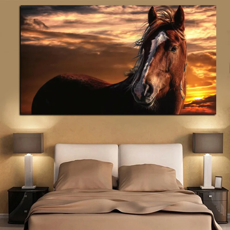 Настенная картина коричневая лошадь на лице стоячий закат пейзаж животные