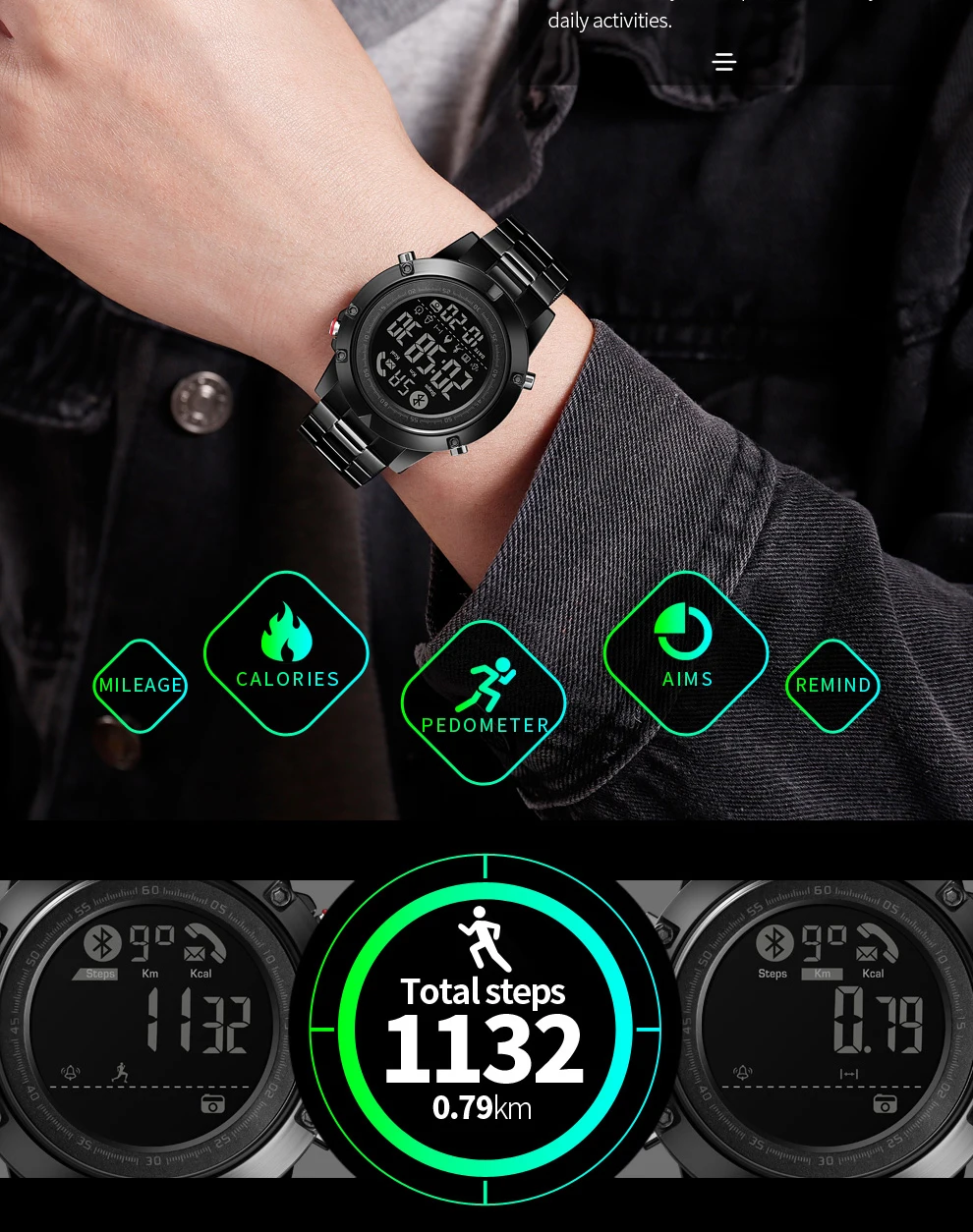 SKMEI Smart Bluetooth креативные модные спортивные наручные часы для мужчин Стальной ремешок калорий шагомер Удаленная камера Цифровые часы