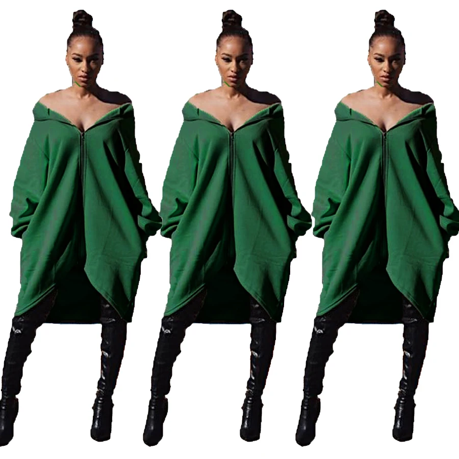 Женское длинное пальто на молнии с капюшоном и длинным рукавом |