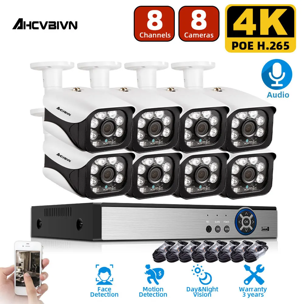 

8Ch сверхвысокой четкости 4K Ultra Hd Cctv Камера безопасности Системы 8MP комплект видеонаблюдения H.265 открытый аудио запись Poe IP Камера набор сетев...