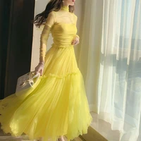 2pcs elegant evening dresses high neck long sleeves pleat tulle a line formal party prom dress in stock free shipping