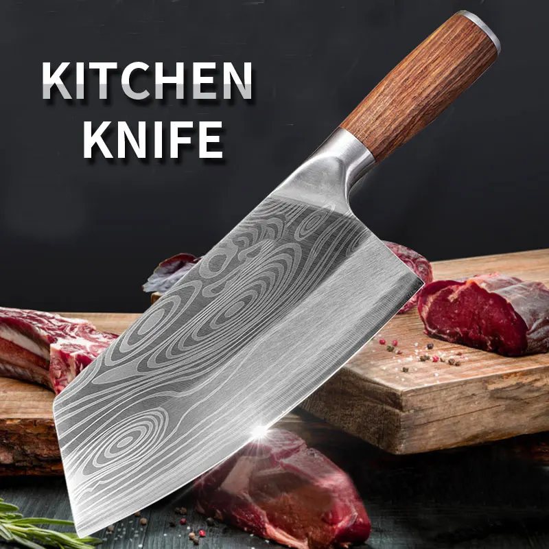 

Кухонный нож из дамасской стали, китайский шеф-повар с лазерным узором, резец мясника из нержавеющей стали с деревянной ручкой