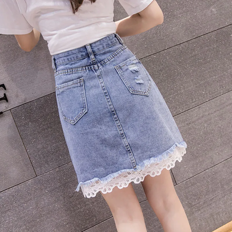 Летняя Корейская кружевная джинсовая юбка с вышивкой женская модная шикарная