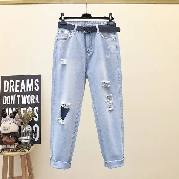 

Woman Jeans Pants High Waist Ripped Harlem Baggy Straight Trousers