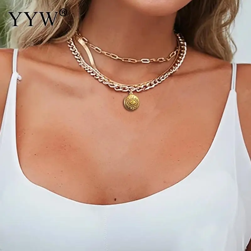 

Women Retro Multilayer Pendant Necklace Ladies Metal Portrait Snake Chain Necklace New Design Jewelry Gift