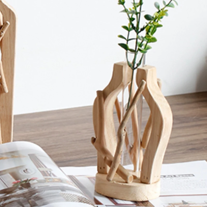 

Pure Handwork Wooden Vase Decorated Solid Wood Flower Pot for Glass Floral Hydroponic Container Home Decorative