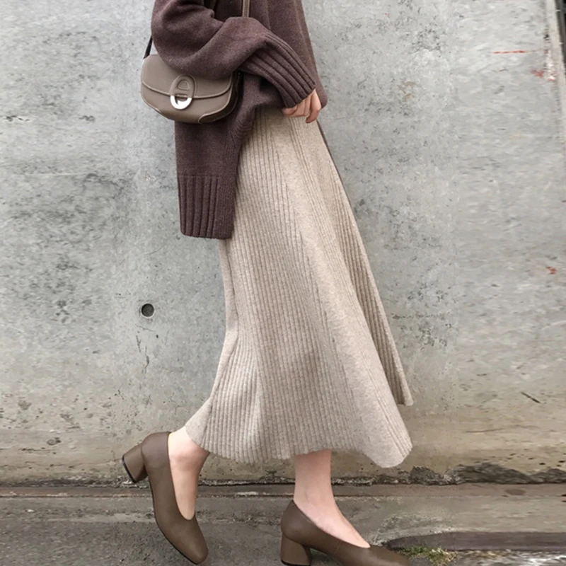 

Elegant Solid High Waist Winter Knitted Skirts Autumn Casual Female A-line Loose Sweater Midi Skirts for Women New JK514