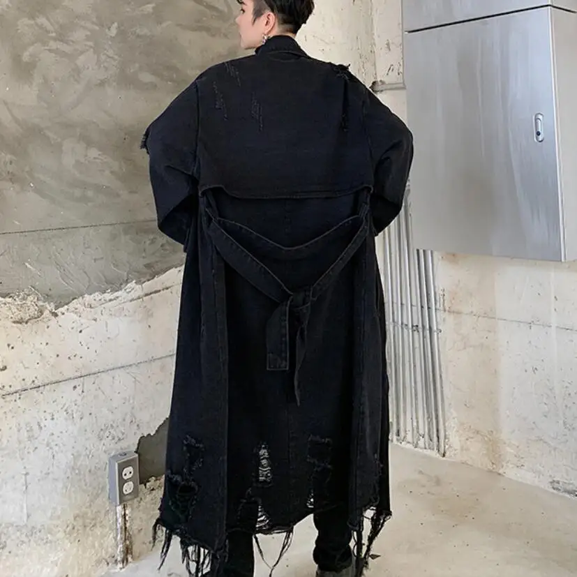 Мужской джинсовый Тренч в стиле панк рок синий черный рваный длинный винтажный