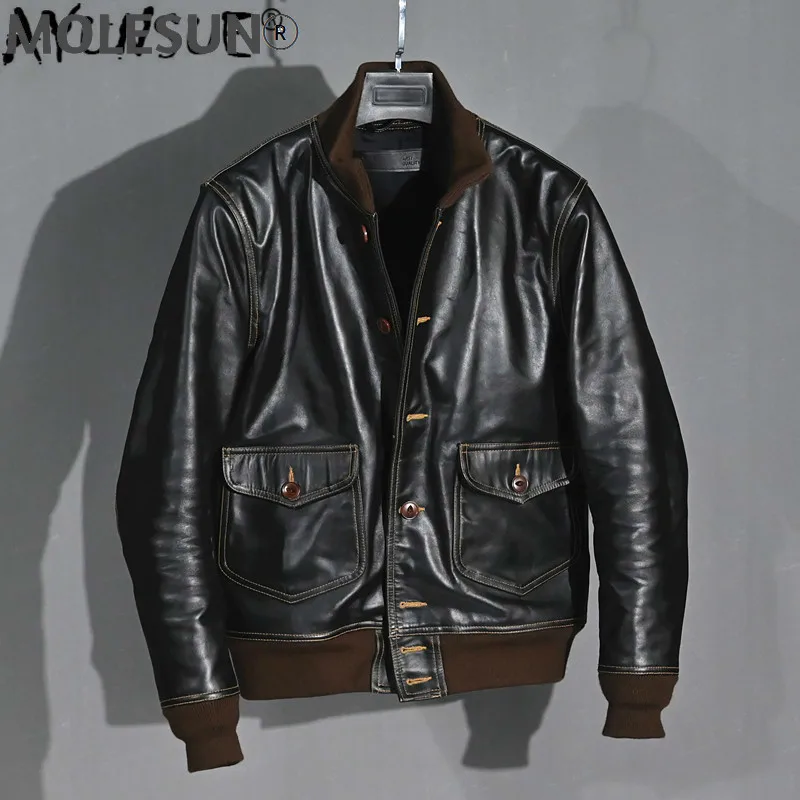 

AKOOSUN Genuine Leather Jacket Men Vintage 100% Cow Jacket Spring Autumn Real Leather Coat Men Clothes Flight Jackets KJ4713